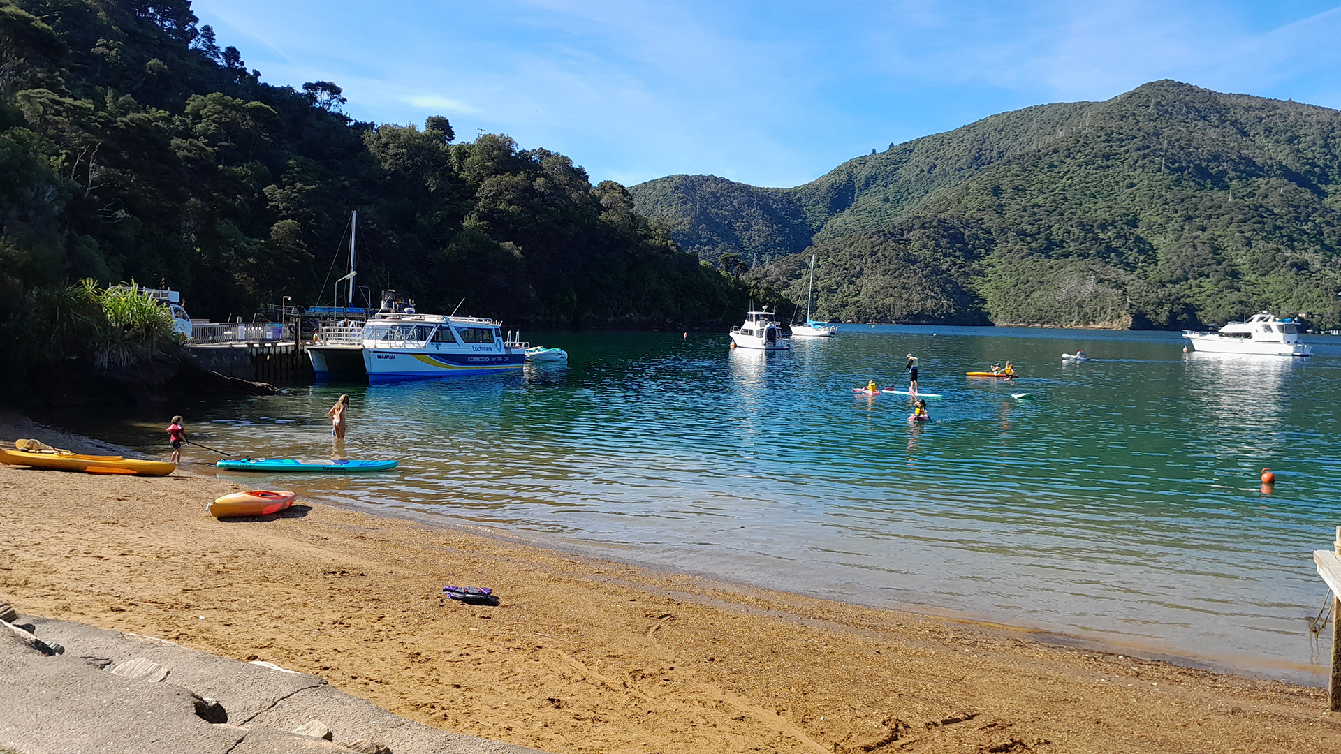 The Oriental Lady on the Lochmara Lodge mooring off the beach, Lochmara Bay, Queen Charlotte Sound, New Zealand. 