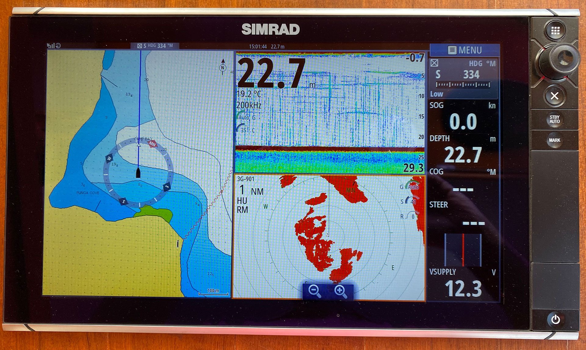 Our Simrad Screen withchart plotter, depth sounder and radar all on Simrad Screen withchart plotter, depth sounder and radar