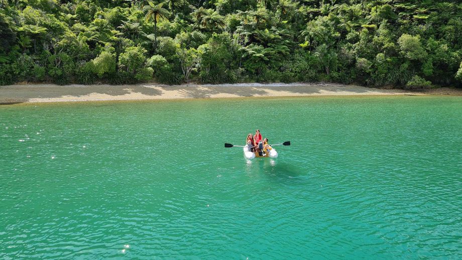 family on dingy rowing to the beach